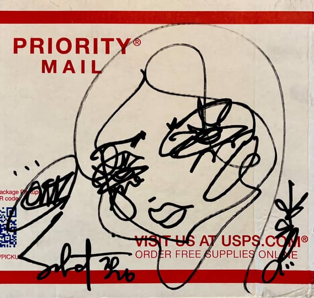 “The Wink” ~ black ink on corrugated fiberboard (USPS Box) 2026 Sabet